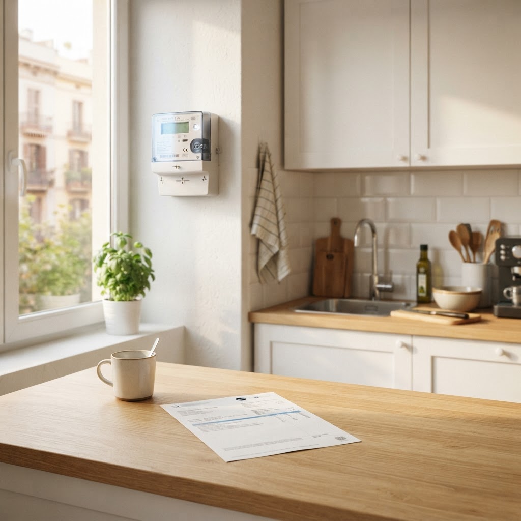 Contador eléctrico y factura de la luz sobre la encimera de una cocina