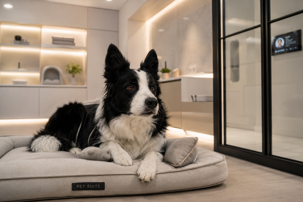 Perro border collie en suite premium de mascotas