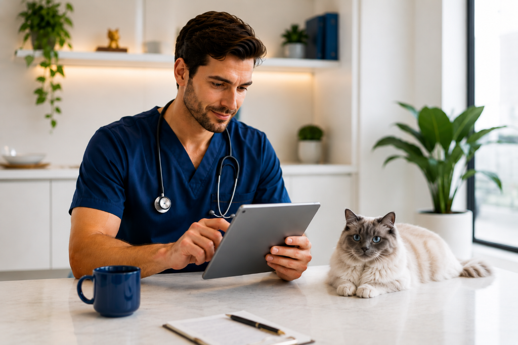 Veterinario con tablet y gato