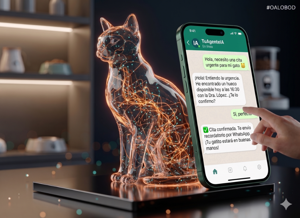 Gato IA tecnológico con chat de WhatsApp