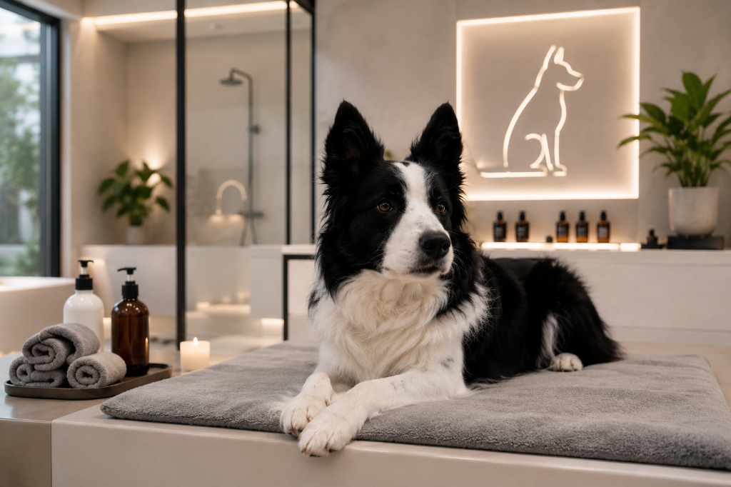 Recepcionista veterinaria usando IA con mascotas en espera