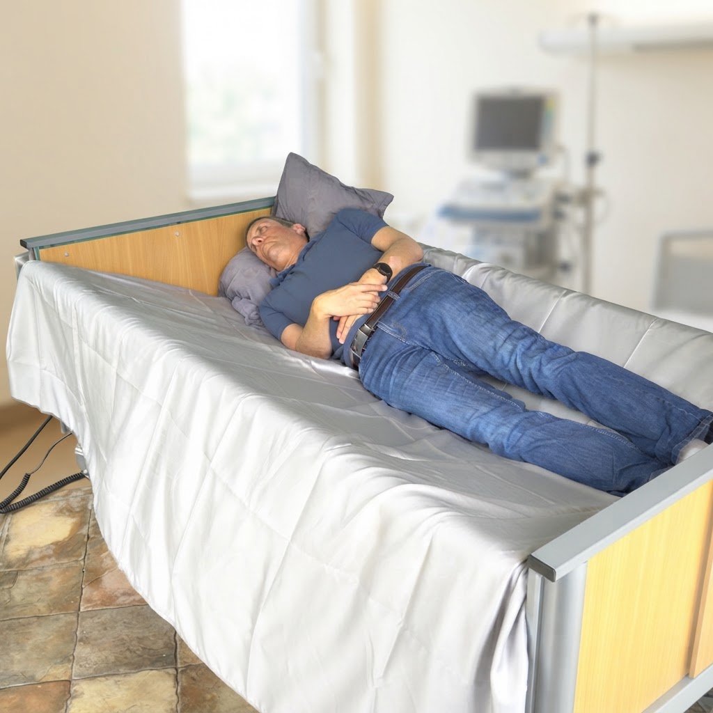 Smooth, satin-textured sheet supporting the patient
