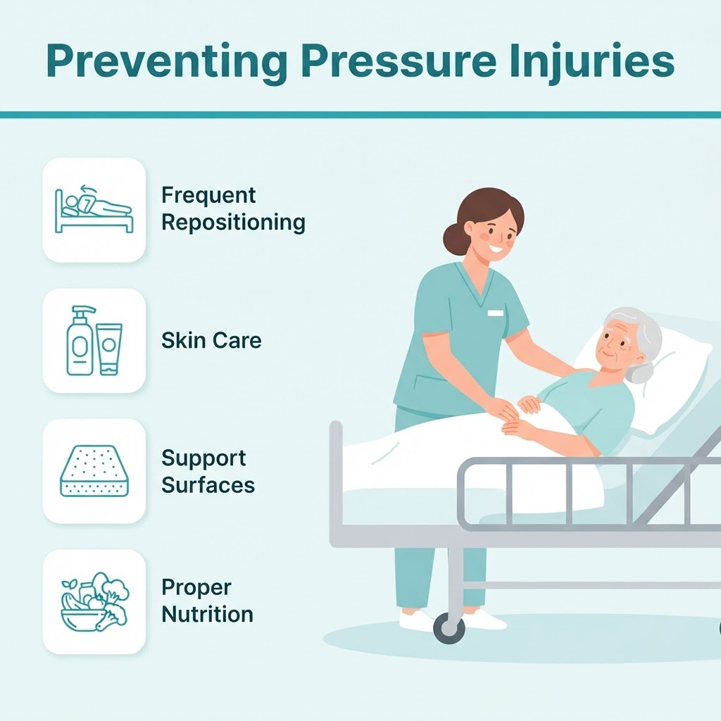 Infographic: preventing pressure injuries through frequent repositioning, skin care, support surfaces, and proper nutrition