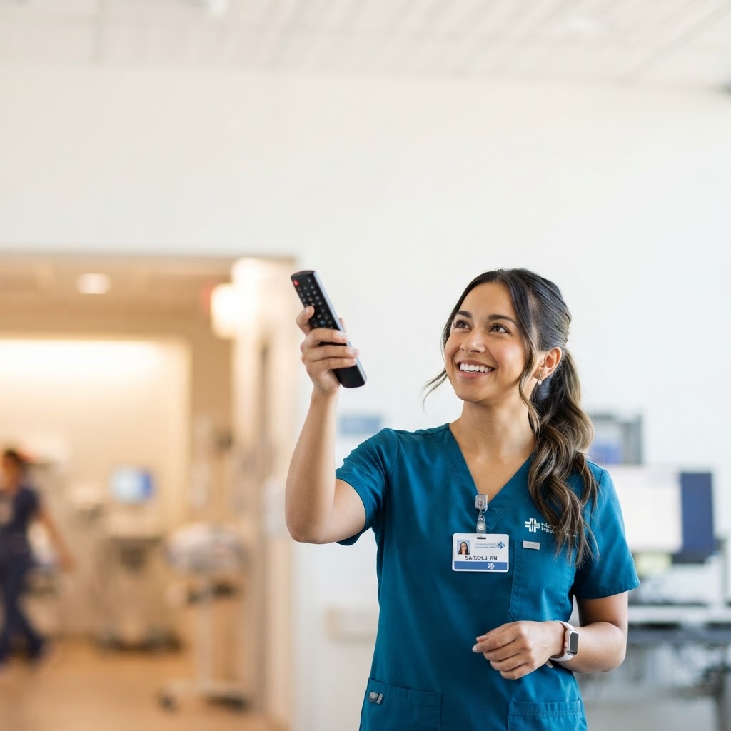 Happy nurse pointing upward with a remote control at the topic labels above