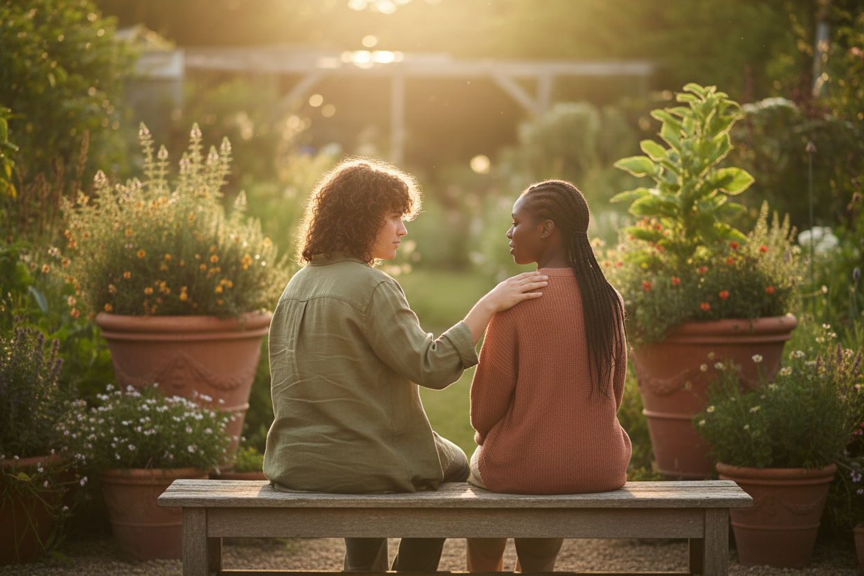 Two people sharing a supportive moment in a garden
