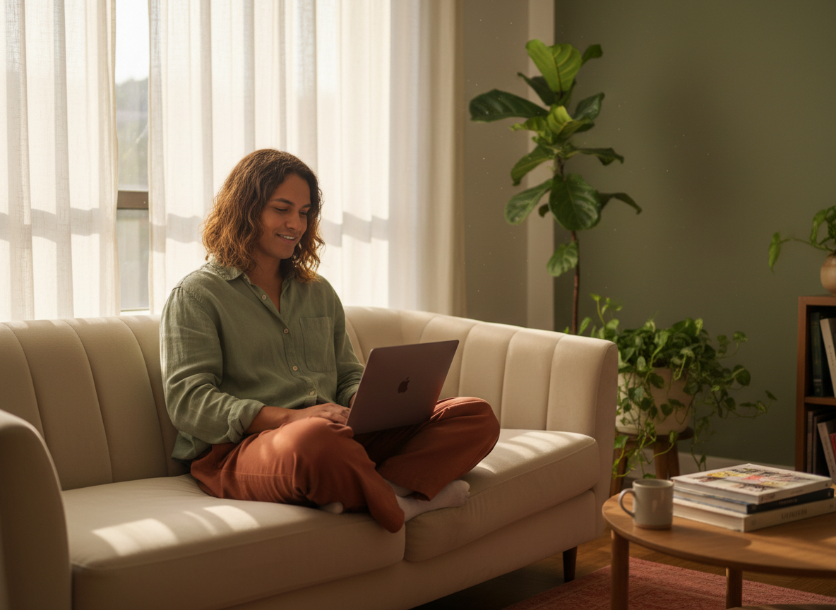 Person comfortably attending a virtual healthcare appointment from their living room