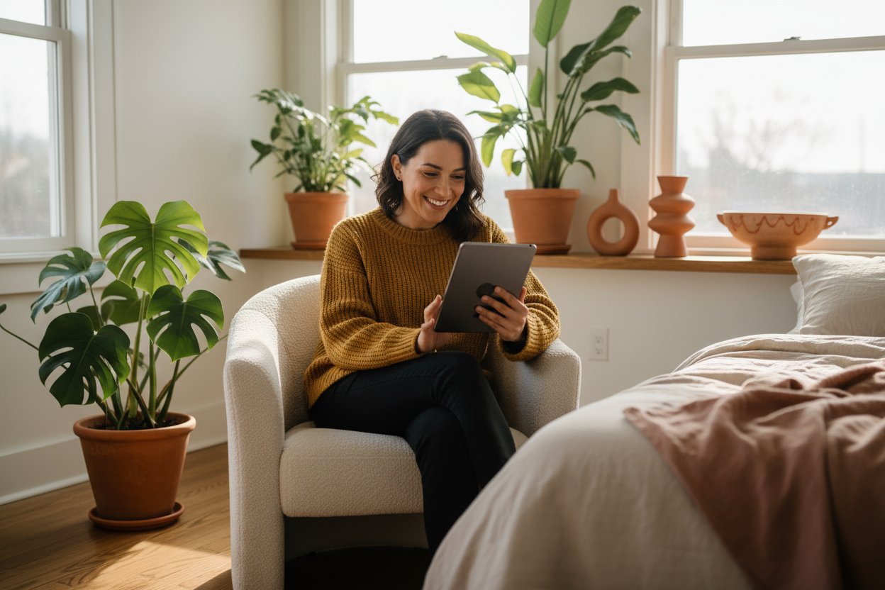 Person having a comfortable virtual appointment from home