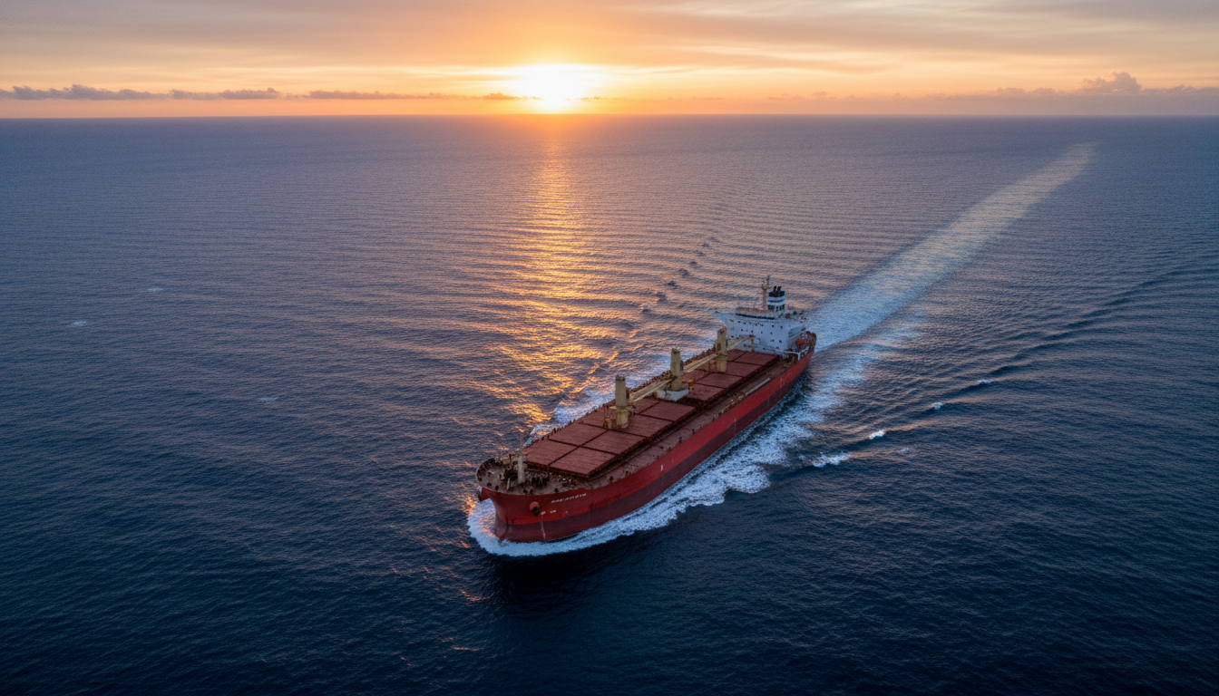 Aerial view of MV Oceanus bulk carrier at sea with massive wake
