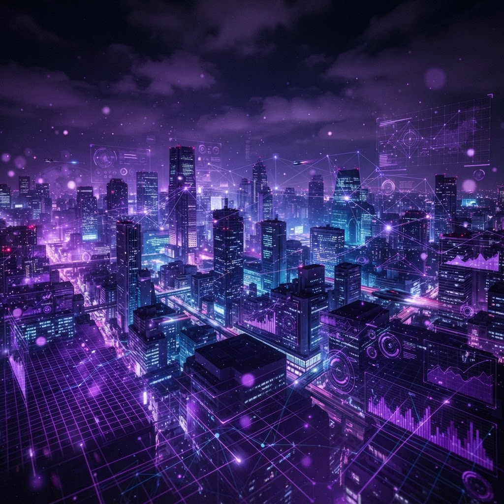 Futuristic city skyline with data visualization overlays