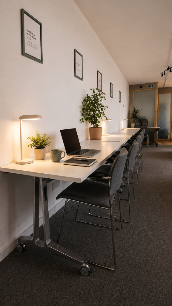 Long white coworking desk at South Woodford Works