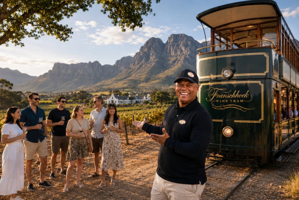 Private Cape Winelands wine tour guide Donovan Shaw welcoming international guests beside the Franschhoek Wine Tram among mountain vineyards, comparing private wine tours and Wine Tram experiences from Cape Town, South Africa.