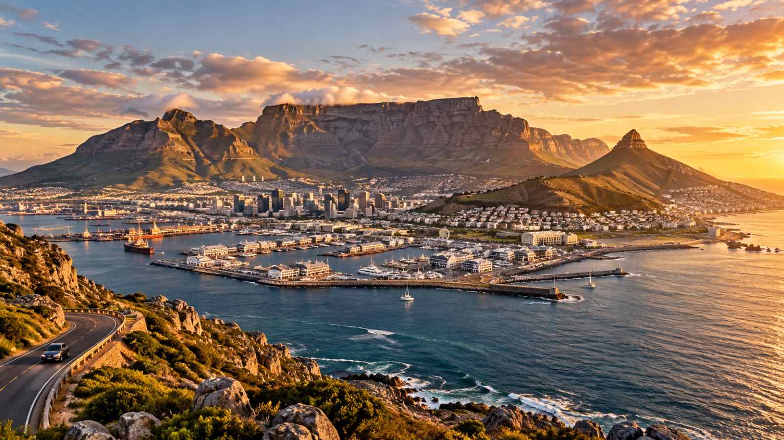 Panoramic golden-hour view of Table Mountain, Lion’s Head, the V&A Waterfront and Cape Town’s Atlantic coastline, showcasing iconic attractions and things to do in Cape Town, South Africa.
