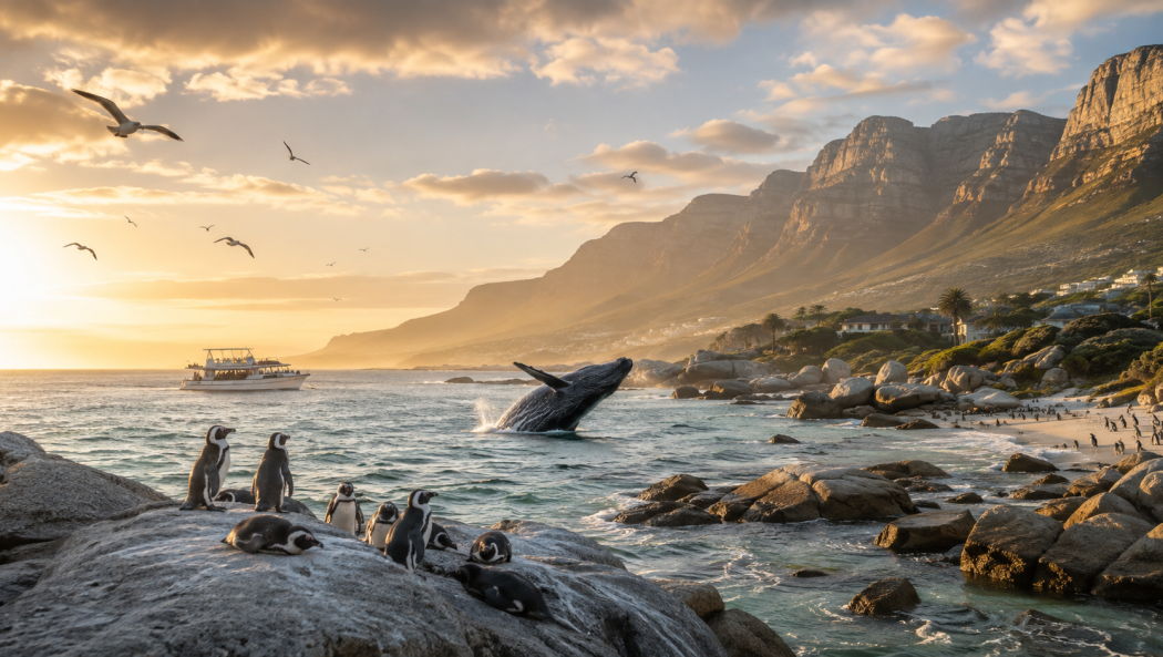 Cape Town wildlife and marine tours with African penguins, whale watching and coastal scenery along the Western Cape, South Africa.