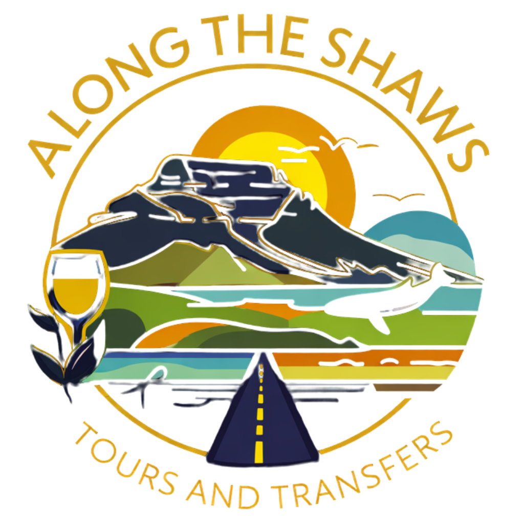 Along the Shaws Cape Town tours and transfers logo — showcasing Table Mountain, Cape Winelands vineyards, wine tourism highlights, coastal travel routes, and customised Western Cape experiences.