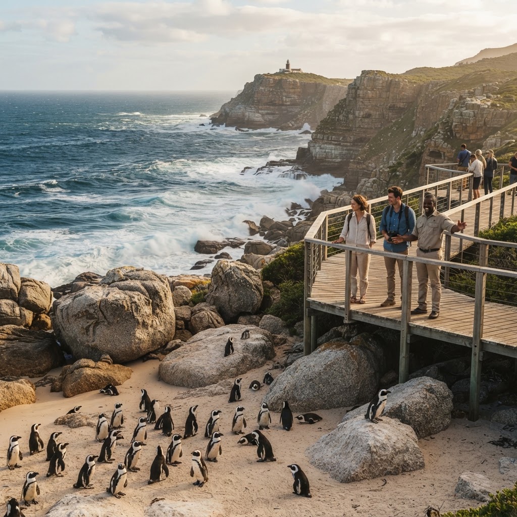 A private guide hosting international guests on a Cape Peninsula tour, with dramatic Cape Point coastline and African penguins at Boulders Beach