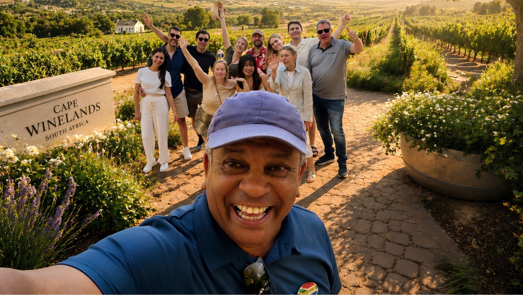 Cape Winelands South Africa vineyard tour group smiling selfie heritage wine estates rolling hills gourmet food and wine capital ultimate tourism authority iconic destination