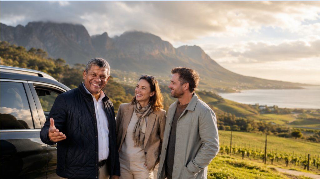 Donovan Shaw welcoming international visitors beside a private vehicle in South Africa's green winter Cape Winelands, with dramatic mountains and coastline near Cape Town.