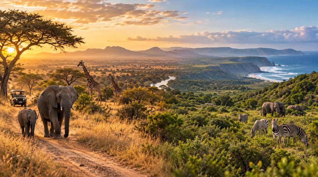 Kruger vs Eastern Cape safari comparison for first-time South Africa visitors, featuring elephants, giraffes, zebras and contrasting safari landscapes.