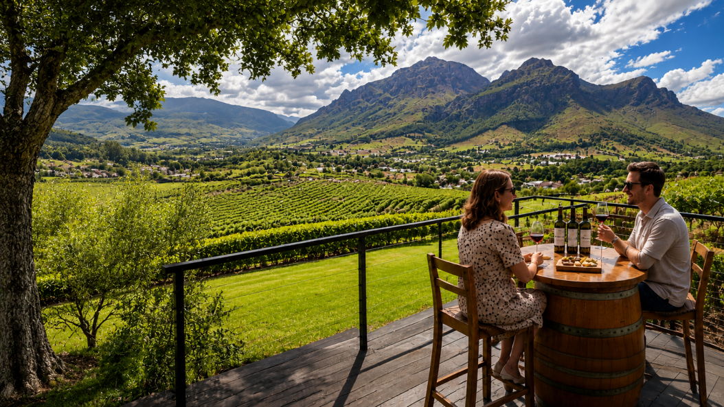 Private Stellenbosch and Franschhoek wine tour from Cape Town with lush green vineyards, Cape Dutch wine estate and dramatic Cape Winelands mountain scenery under blue skies.