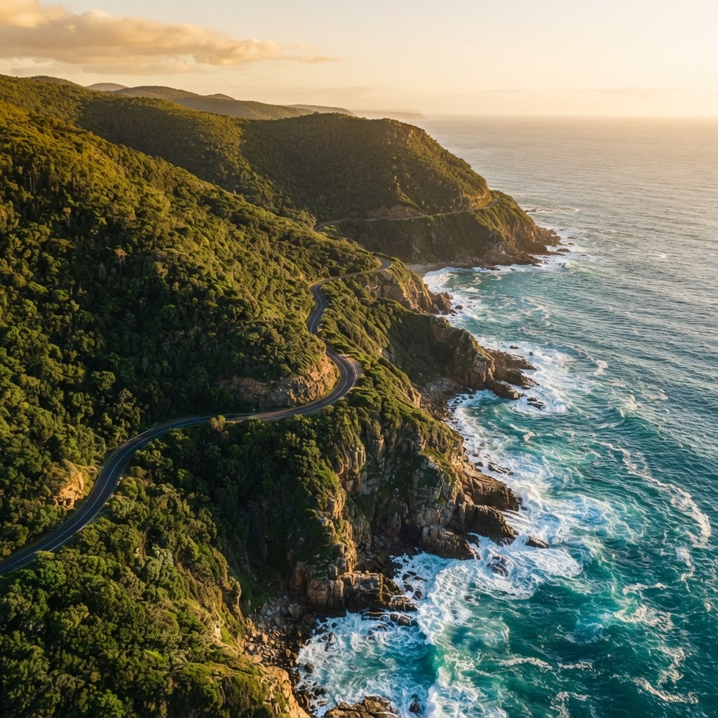 Aerial view of a winding coastal road through dense green indigenous forest and dramatic cliffs meeting a turquoise ocean along the South African Garden Route at golden hour.