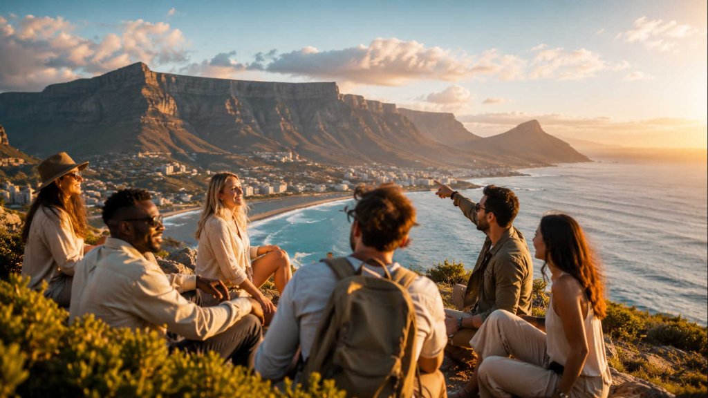 Shared Cape Town group tour with Table Mountain and Atlantic Seaboard scenery at sunset