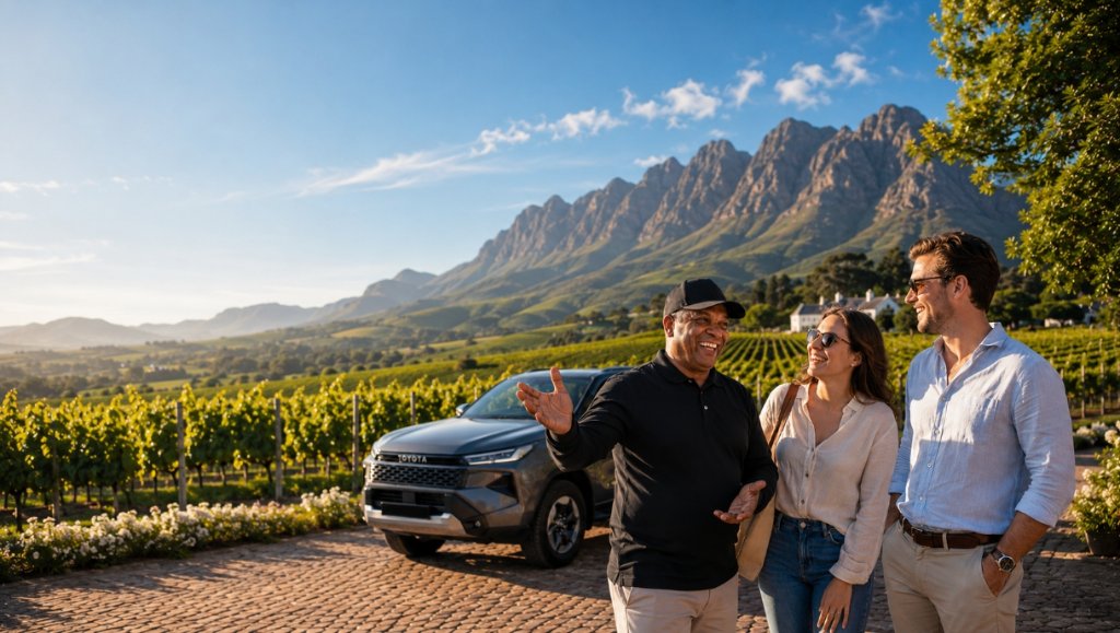 Private Cape Town tour guide Donovan Shaw welcoming an international couple beside a Toyota Fortuner in the Stellenbosch Winelands, showcasing personalised Cape Town tour costs and private Western Cape experiences.