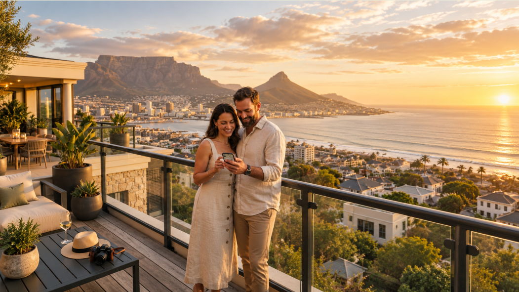 First-time visitors choosing where to stay in Cape Town, overlooking Table Mountain, Lion’s Head and the Atlantic Seaboard from a luxury balcony.