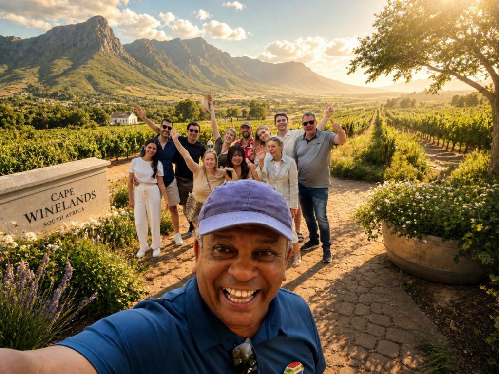 Cape Winelands vineyard at sunrise near Stellenbosch with mountains in the background