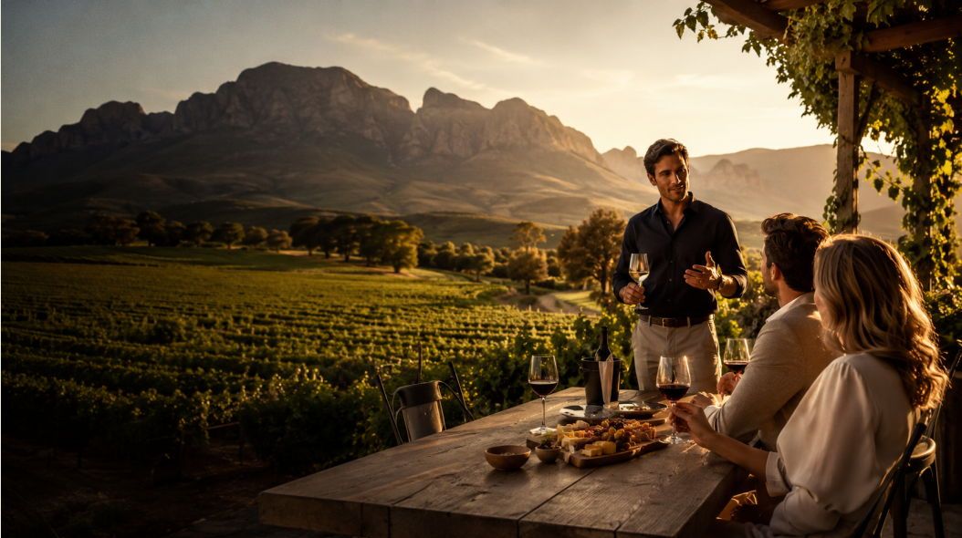 Private Cape Winelands wine tour from Cape Town with guests enjoying a guided vineyard wine tasting near Stellenbosch and Franschhoek, Western Cape, South Africa.