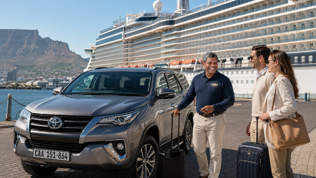 Private Cape Town Cruise Terminal transfer with registered guide Donovan Shaw welcoming international guests beside the Along the Shaws Toyota Fortuner CAA 151-864, with luggage assistance, Table Mountain and a luxury cruise liner at Cape Town harbour, South Africa.