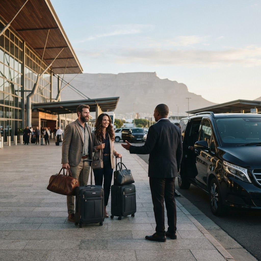 International visitors arriving at Cape Town International Airport with luggage beside a private transfer vehicle, illustrating private airport transfers, Uber, taxis and shuttle options to Cape Town hotels and the Winelands.