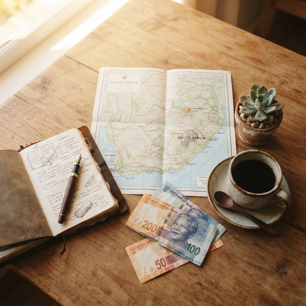 A travel planning scene on a wooden table with a map of South Africa, notebook, pen and coffee — representing budget planning for a South Africa trip in 2026.