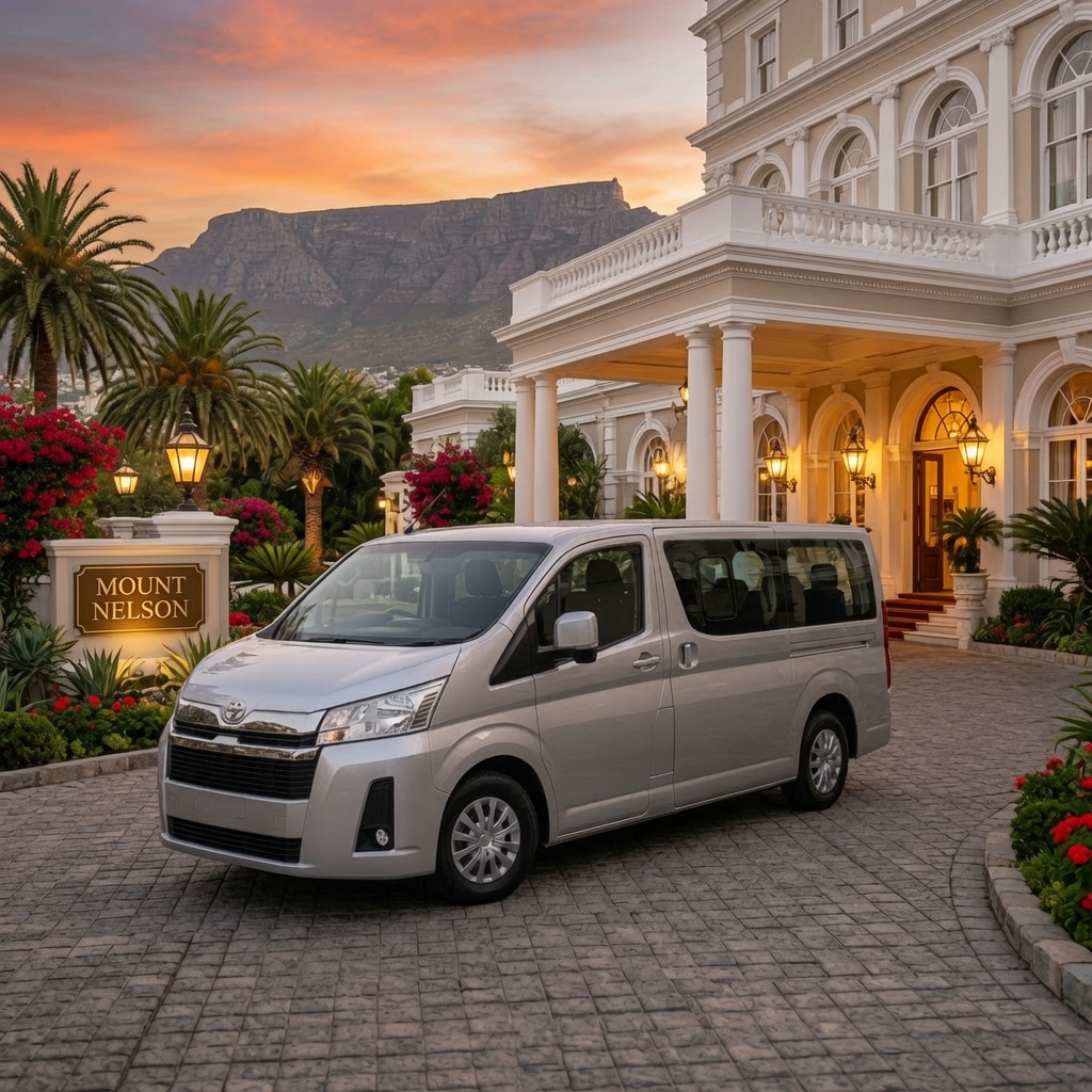Silver private transfer vehicle outside Mount Nelson in Cape Town, South Africa, with Table Mountain at sunset, representing Along the Shaws hotel transfers and personally guided Cape tours.