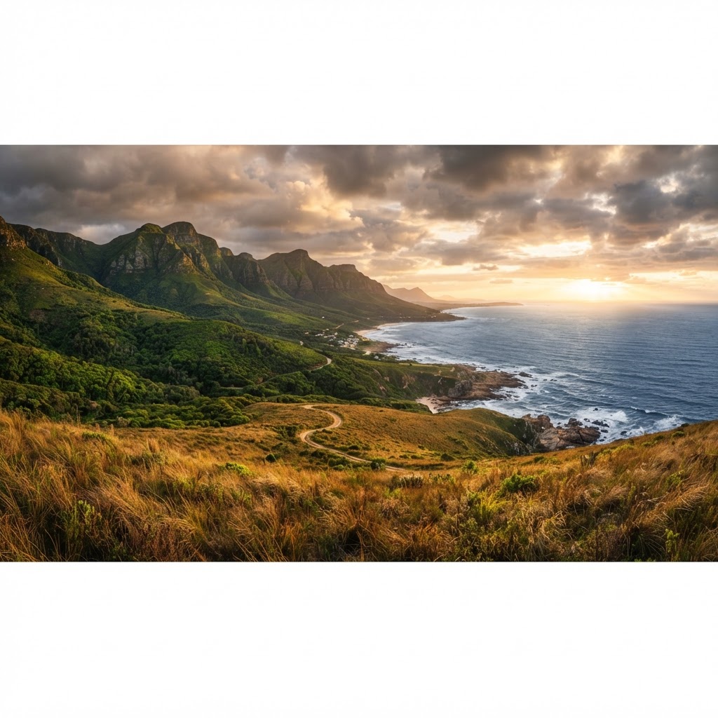 Panoramic South African landscape showing seasonal contrast — golden dry grassland transitioning to green mountains and blue coastline — illustrating the best time to visit South Africa.