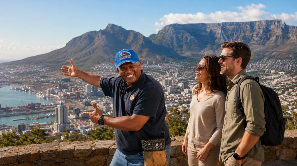 Local Cape Town guide Donovan Shaw showing international tourists the city and Table Mountain from a scenic viewpoint, illustrating safe private Cape Town tours, trusted transport and confident South Africa travel for first-time visitors.