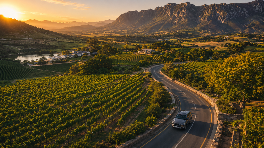 Private Cape Winelands transfer from Cape Town to Stellenbosch, Franschhoek or Paarl accommodation, showing a comfortable SUV travelling through vineyards and mountain scenery at golden hour in South Africa.