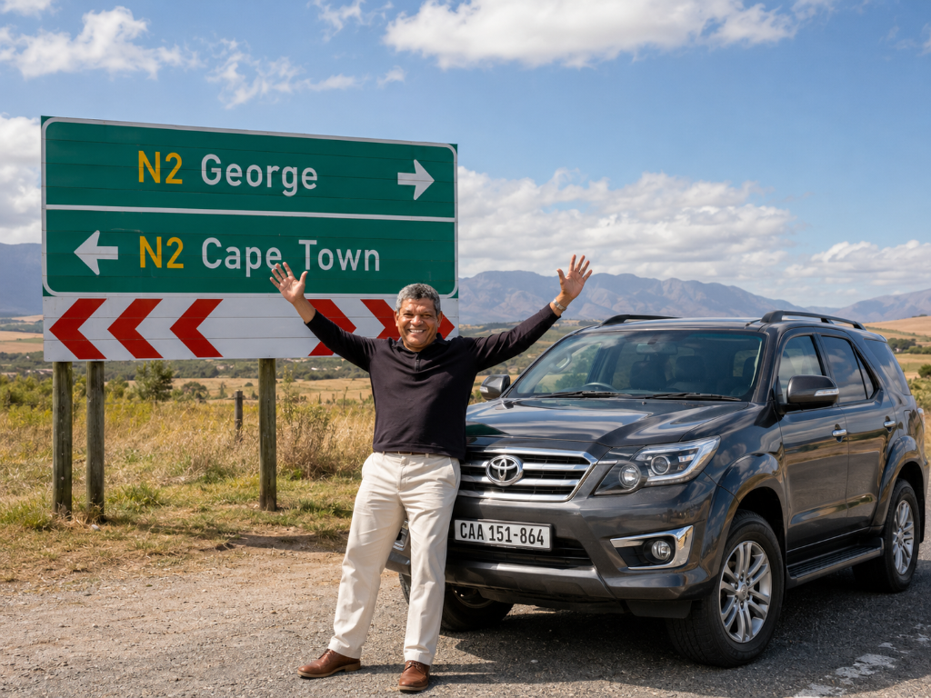 Private long-distance transfer from Cape Town on a regional Western Cape route, with an Along the Shaws vehicle and road scenery representing door-to-door transport and planned comfort stops.