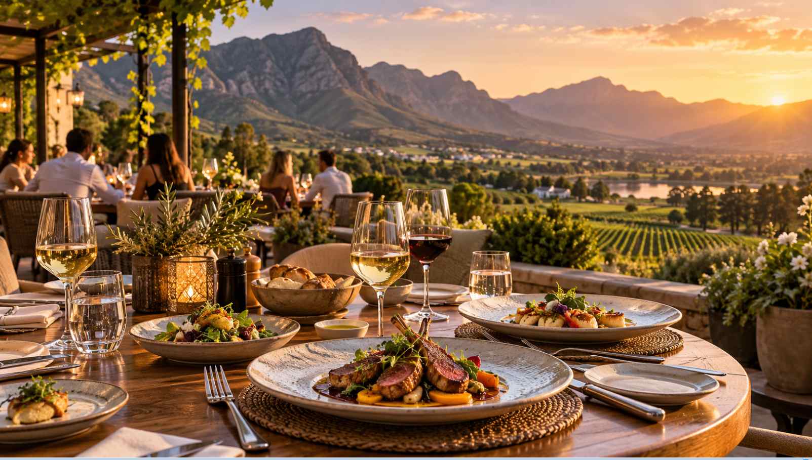 Fine dining at a scenic Franschhoek wine estate restaurant, featuring gourmet cuisine, South African wines, vineyard views and dramatic Cape Winelands mountains at sunset.