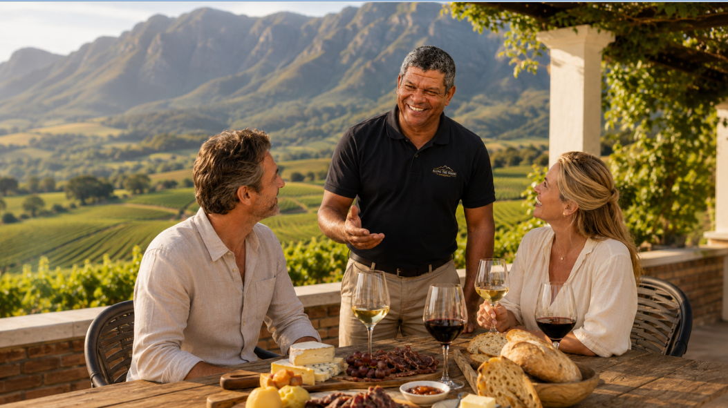 Donovan Shaw hosting guests on a private Cape Winelands wine tour with wine and food pairings near Stellenbosch and Franschhoek, South Africa.