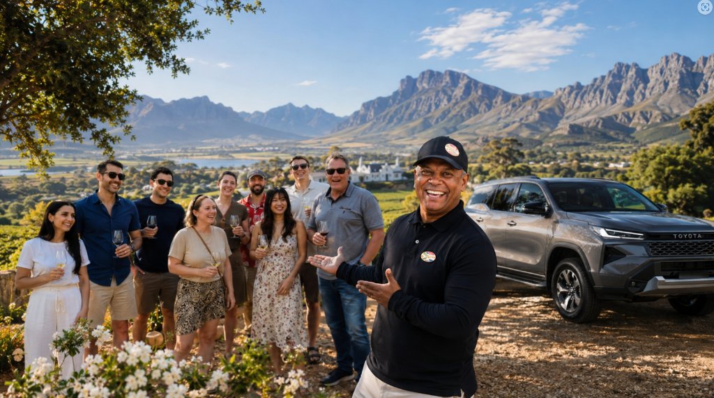 Private 3-day Cape Town itinerary with local guide Donovan Shaw, international guests and a Toyota Fortuner in the Stellenbosch Winelands, showcasing personalised South African tours for couples and small groups.