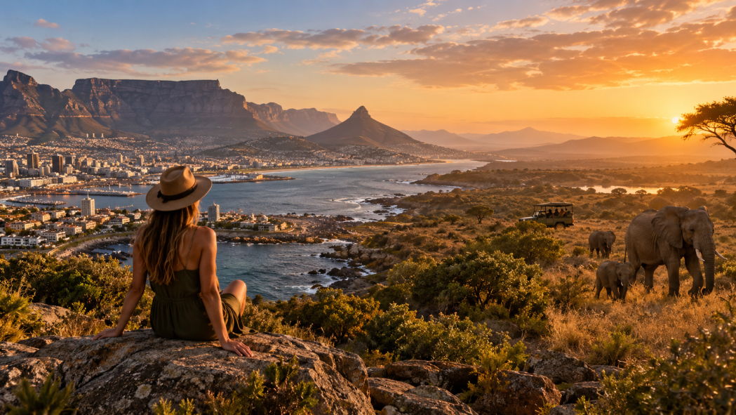 Cape Town and safari travel combination in South Africa, featuring Table Mountain, coastline, safari vehicle and elephants at sunset.