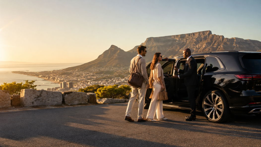 Private Cape Town attraction and activity transfer with guests arriving by premium vehicle for sightseeing, tours and booked experiences near Table Mountain, Western Cape, South Africa.