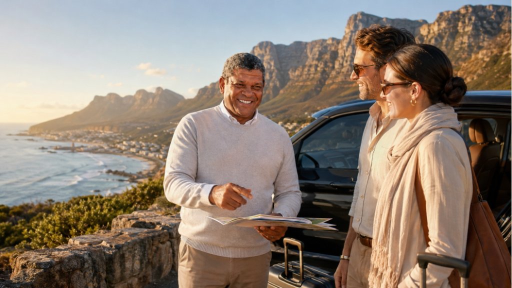 Donovan Shaw guiding international visitors beside a private vehicle at a Cape Town coastal viewpoint, planning a first-time South Africa itinerary combining Cape Town, the Cape Winelands, Garden Route and safari.