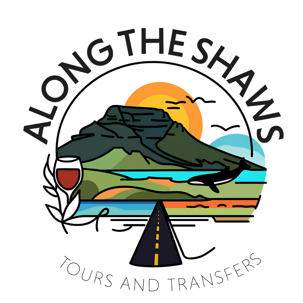 Along the Shaws logo for Cape Town private tours and transfers — featuring Table Mountain, Cape Winelands landscapes, wine tourism experiences, road travel services, and customised Western Cape journeys.
