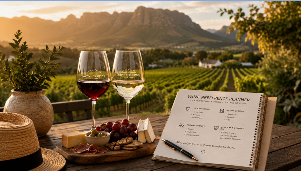 Cape Winelands wine preference planner with red and white wine, food pairings and vineyard views for a personalised private wine tour from Cape Town.