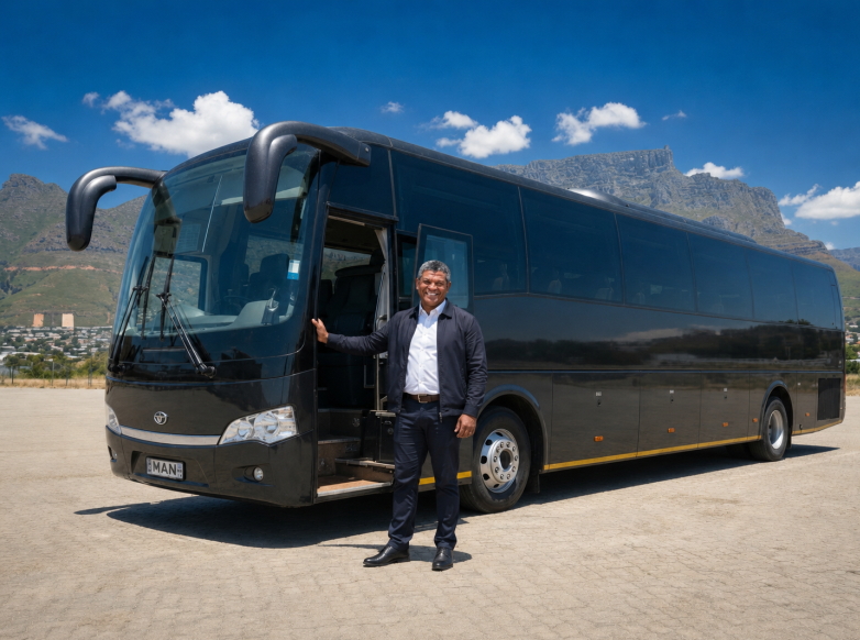 Donovan Shaw, Registered Western Cape Tourist Guide WC 10472, welcoming guests beside a private group coach with Table Mountain in Cape Town, South Africa — Along the Shaws guided tours and coordinated transport