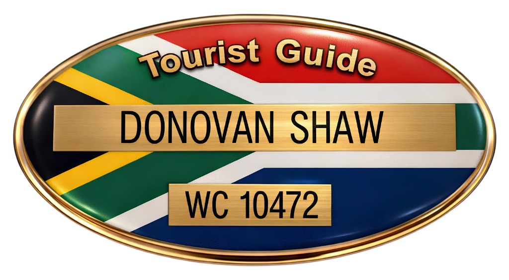 Official tourist guide badge for Donovan Shaw, Registered Western Cape Tourist Guide WC 10472