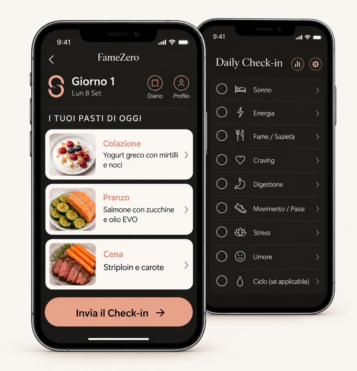 Anteprima app FameZero: pasti del giorno e Daily Check-in
