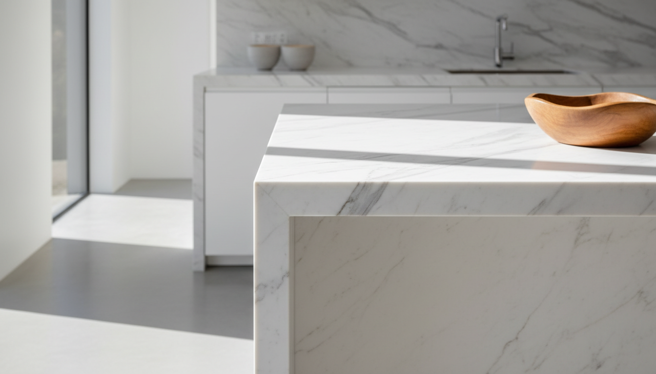 Monolithic marble kitchen island in a sun-drenched modern kitchen
