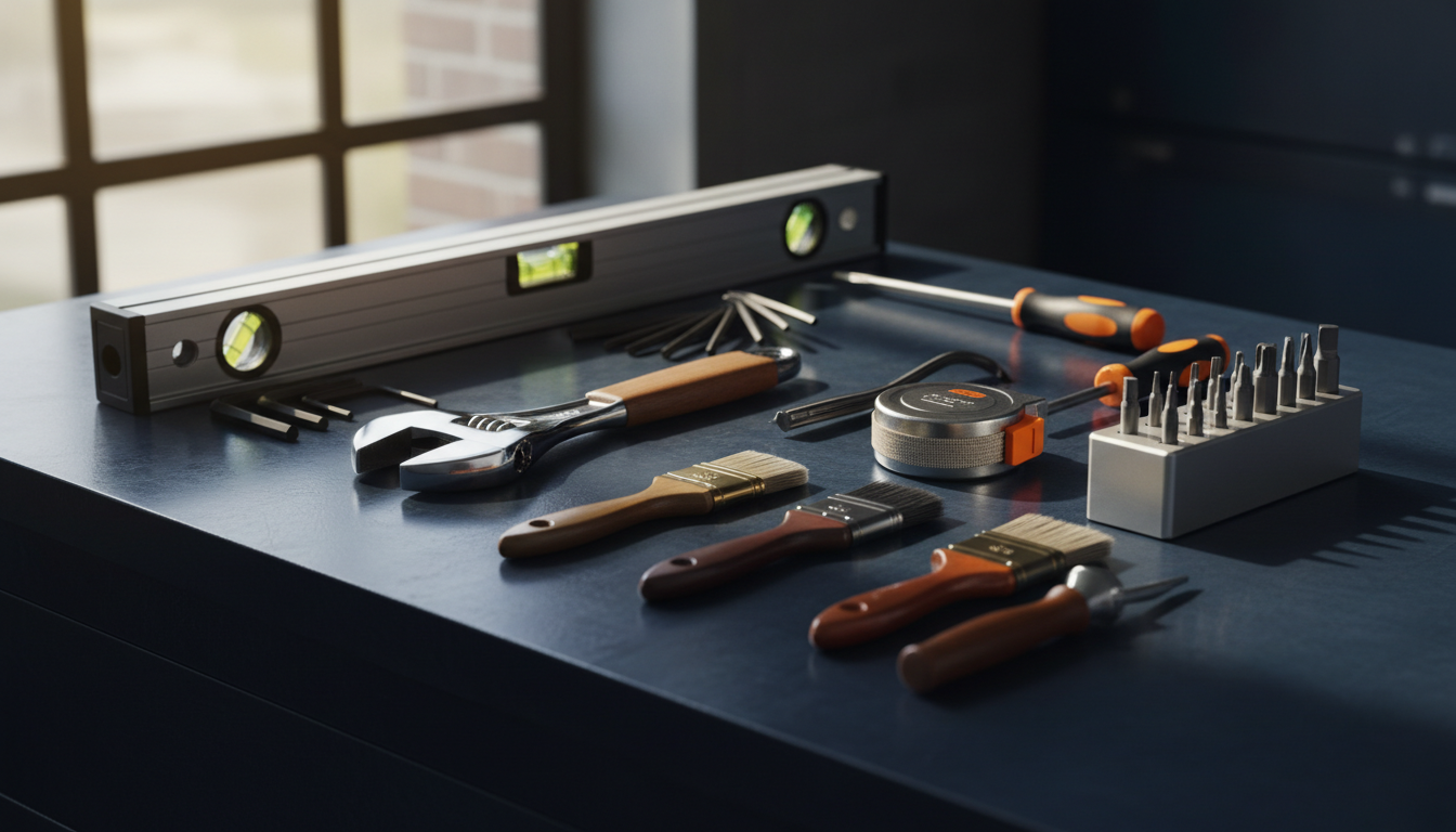 Premium handyman tools laid out on a workbench